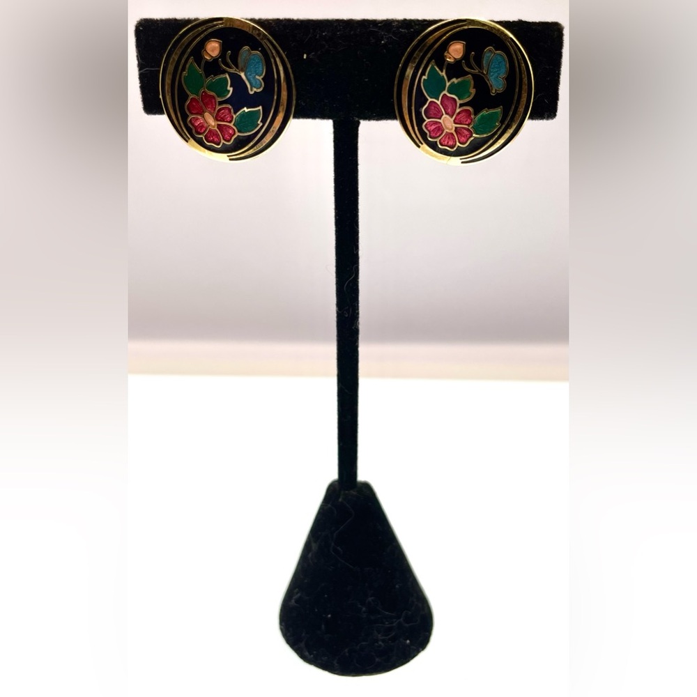 3 for $30 VTG 1980s Cloisonne Red Black Floral Flower Butterfly Clip On Earrings - Picture 6 of 7